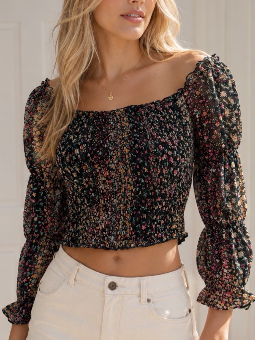 Lulu's Black Smocked Off-Shoulder Floral Crop Top